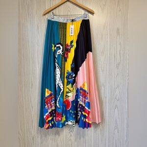 Why Dress Multicolor Pleated Midi Skirt Giraffe City Print Size XL NWT